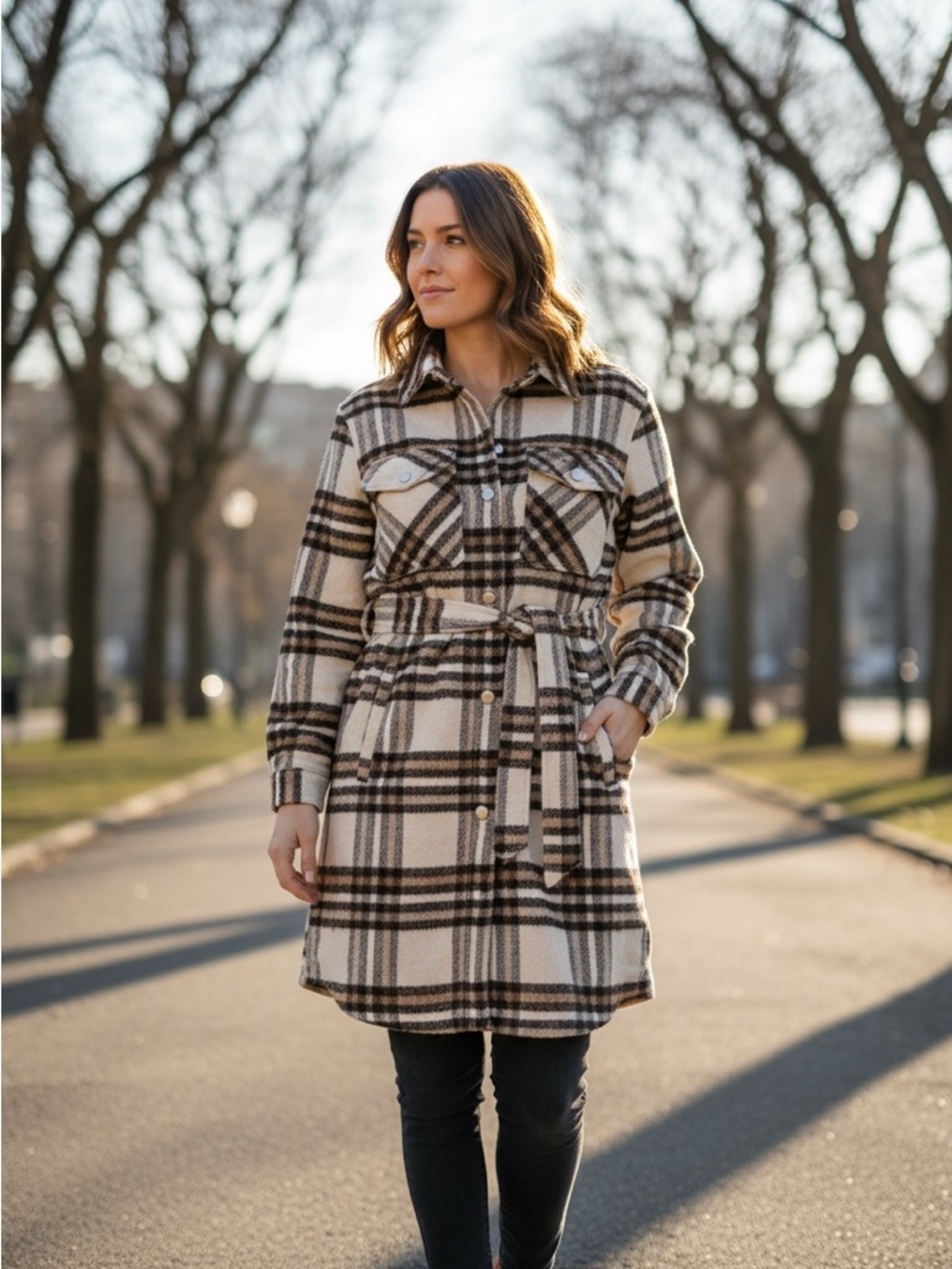 Ci Sono Beige and Brown Plaid Belted Trench Shacket